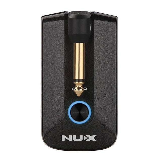 A NU-X Mighty Plug Pro Headphone Amplifier in black, featuring a gold plug and blue LED indicator on the front, with built-in wireless guitar transmitter capabilities for seamless practice sessions.