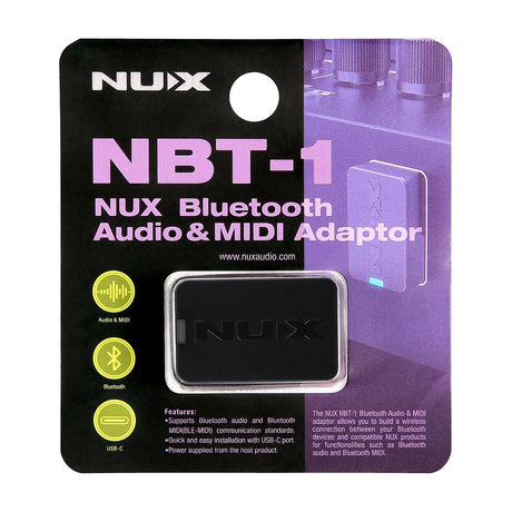NU-X NBT-1 Bluetooth Audio & MIDI Adapter in black and purple retail blister packaging, showing the small black USB-C adaptor and feature icons.