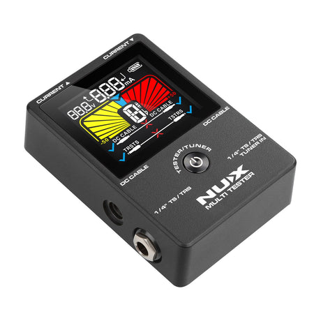 NU-X NMT-1 Multi Cable Tester with Chromatic Tuner in matte black, showing a colour display, power button, and 6.35mm jack socket.
