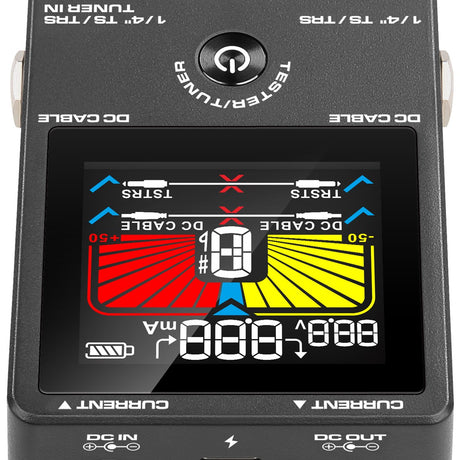 NU-X NMT-1 multi cable tester by AVSL, close-up of colour display showing chromatic tuner, voltage and current readouts, TRS and DC cable icons.
