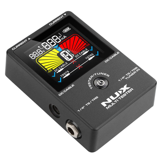 Image of the NU-X NMT-1 Multi-Tester With Tuner, a compact electronic device featuring a digital display for voltage and current measurements, ideal for testing pedal boards. It includes various input/output jacks labeled for DC cable, tester-tuner, and T8/T28 connectivity.