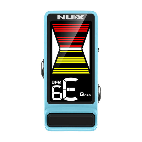 NU-X NTU-3 mkII Flow Tune mini pedal tuner in blue with large HD colour display showing tuning bars and note readout, on a white background.