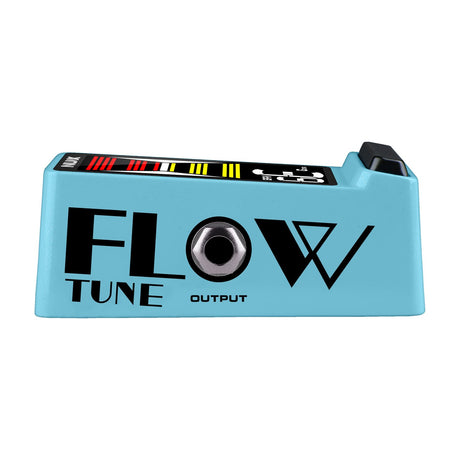 Side view of the NU-X NTU-3 mkII Flow Tune mini pedal tuner in blue, showing the HD colour tuning display, output jack and Flow Tune logo.