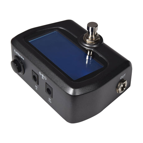 Chord PT-12 chromatic pedal tuner by AVSL, angled view showing large blue LCD screen, footswitch, calibrate button, DC in/out and 6.35mm output jacks.