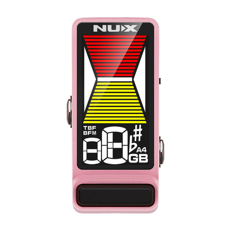 NU-X NTU-3 Flow Tune mini pedal tuner in pink with large HD colour display showing tuning meter and note readout, on a plain white background.