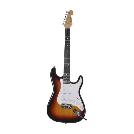 Chord CAL63-3TS single coil electric guitar in sunburst finish with white pickguard, maple neck and chrome vibrato bridge on a plain white background.