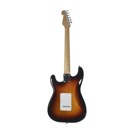 Rear view of the Chord CAL63-3TS single coil electric guitar in sunburst with maple neck and chrome tuners, shown on a plain white background.