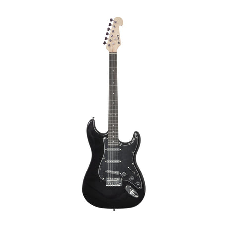 Chord CAL63-BK single coil electric guitar in black with three pickups, white headstock and chrome vibrato bridge on a plain white background.