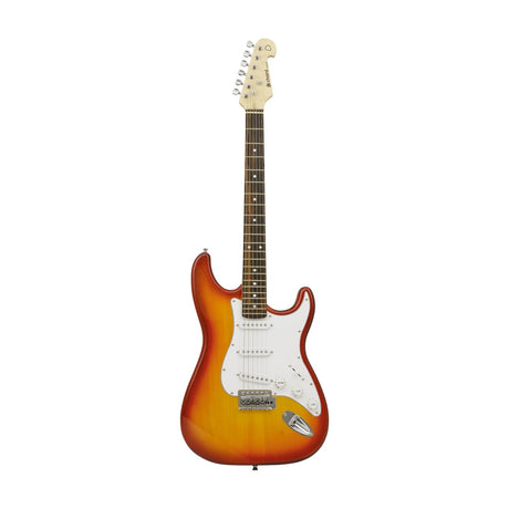 Chord CAL63-CS cherryburst electric guitar with contoured basswood body, white pickguard, three single coil pickups and chrome vibrato bridge on white.