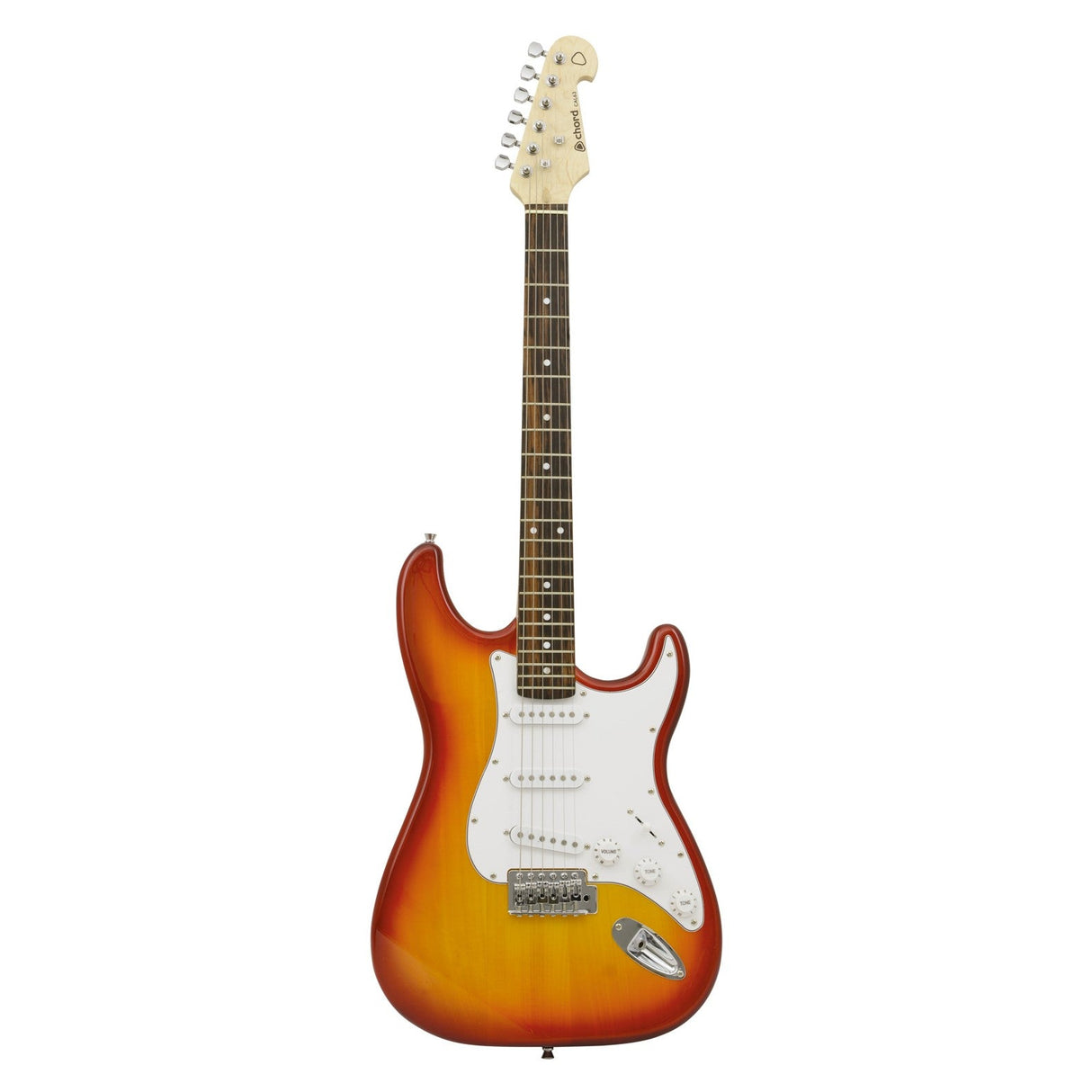 Introducing the Chord CAL63 Guitar in Cherryburst: This electric guitar boasts a solid body with a sunburst finish, equipped with single coil pickups and a white pickguard. It features six strings and a maple neck adorned with dot inlays. The classic double-cutaway design is complemented by chrome hardware, and an optional vintage vibrato system adds an extra touch of style.