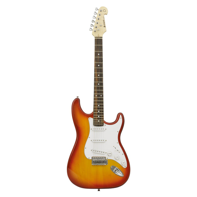 Introducing the Chord CAL63 Guitar in Cherryburst: This electric guitar boasts a solid body with a sunburst finish, equipped with single coil pickups and a white pickguard. It features six strings and a maple neck adorned with dot inlays. The classic double-cutaway design is complemented by chrome hardware, and an optional vintage vibrato system adds an extra touch of style.