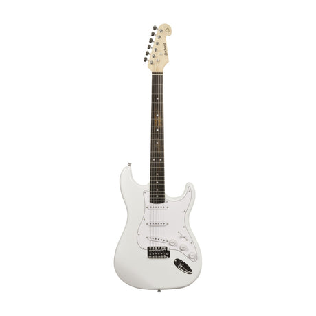 Chord CAL63 Arctic White electric guitar with contoured basswood body, white pickguard, three single coil pickups, and chrome vibrato bridge on white.