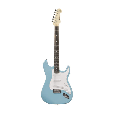 Chord CAL63-SBL Surf Blue electric guitar with contoured basswood body, white pickguard, three single coils, maple neck and chrome vibrato bridge.