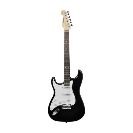 Chord CAL63/LH-BK left-handed electric guitar with contoured black basswood body, white pickguard, three single coil pickups and maple neck on white.