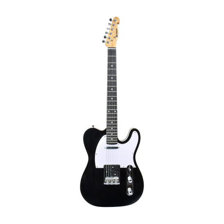 Chord CAL62-BK single cutaway electric guitar with black basswood body, white pickguard, maple neck and chrome hardware on a white background.
