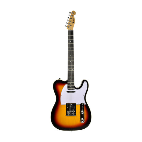 Chord CAL62-3TS single coil electric guitar with 3-tone sunburst slab body, white pickguard, maple neck, and chrome hardware on a white background.