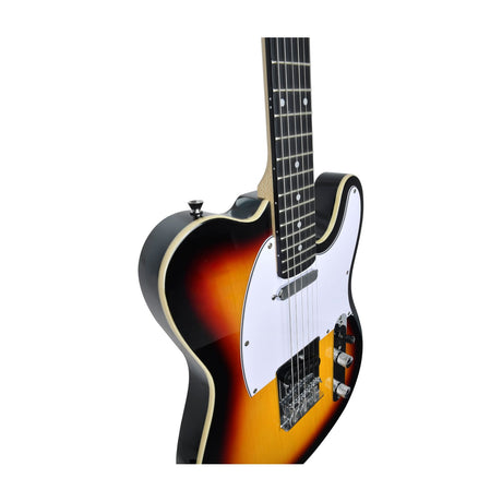 Chord CAL62-3TS single coil electric guitar in 3-tone sunburst with white pickguard, chrome bridge and maple neck, shown angled on a white background.