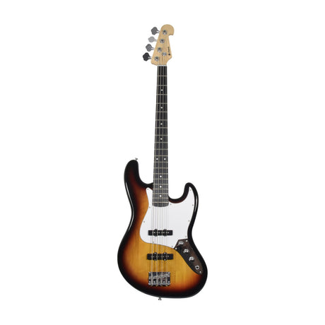 Chord CAB42 3-tone sunburst bass guitar with white pickguard, dual single coil pickups, maple neck, rosewood fingerboard and chrome bridge, on white.