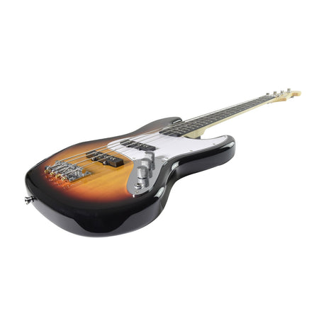 Chord CAB42 3-Tone Sunburst bass guitar with basswood body, dual single coil pickups, chrome bridge and maple neck, angled on a white background.