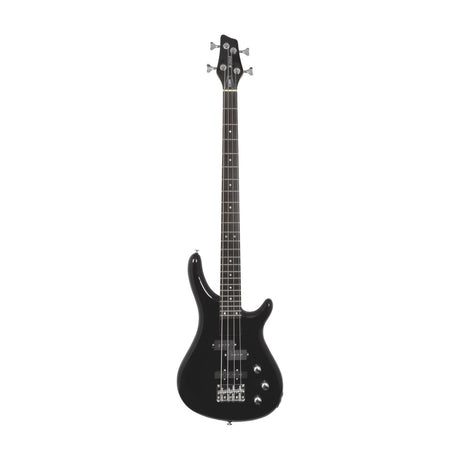 Chord CCB90-BK contoured four-string bass guitar in black with maple neck, rosewood fingerboard, and chrome hardware, shown on a plain white background.