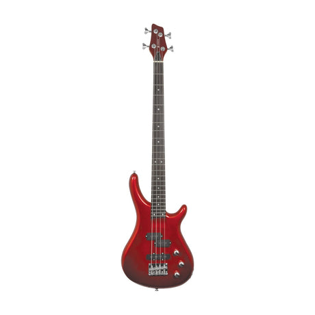 Chord CCB90-MRD metallic red electric bass guitar with contoured basswood body, maple neck, rosewood fingerboard, and chrome bridge on a white background.