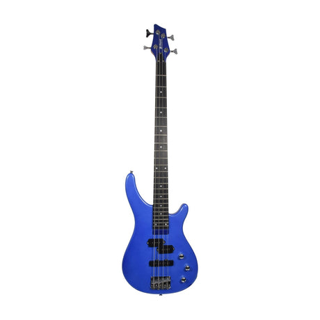 Chord CCB90 four-string electric bass with metallic blue basswood body, maple neck, rosewood fingerboard, and twin pickups on a white background.