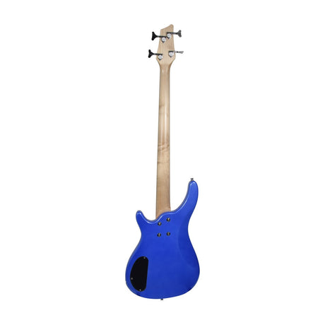 Rear view of the Chord CCB90 electric bass guitar with metallic blue basswood body, maple neck, four headstock tuners and back control plate, on white.