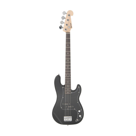 Chord CAB41-BK split coil electric bass guitar in matt black with white pickguard, maple neck, rosewood fingerboard and chrome hardware on white.