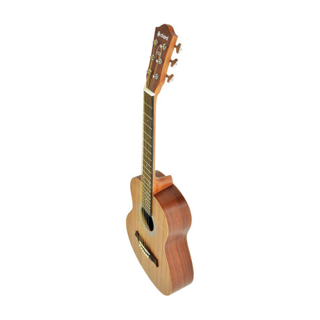 Chord CSC35 compact travel acoustic guitar in sapele wood, cutaway body, round soundhole, and headstock tuners shown against a plain white background.