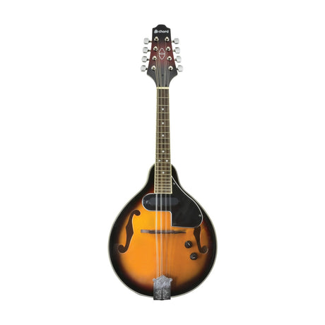 Chord CEM28-TSB electric mandolin in tobacco sunburst with gloss teardrop body, f-holes, single coil pickup, volume and tone controls, on white.