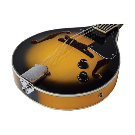 Chord CEM28-TSB electric mandolin in tobacco sunburst with teardrop body, f-holes, floating bridge, volume and tone knobs, and engraved tailpiece.