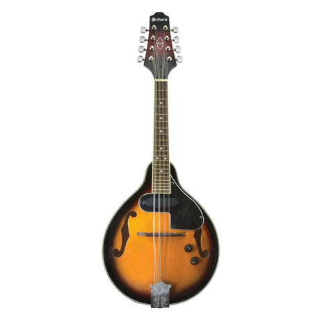 The Chord CEM28-TSB Electric Mandolin in Tobacco Sunburst finish showcases eight tuning pegs, F-holes on the glossy body, a neck with a sequence of frets, and a black headstock accented by white pegs. This combination presents an elegant fusion of classic aesthetics with contemporary electrified sound.