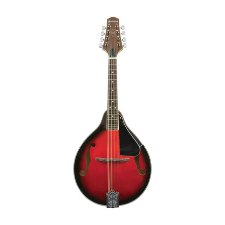Chord CTM28-RB traditional teardrop mandolin in redburst gloss finish with eight strings, open-gear 4-a-side tuners and black pickguard, on white.