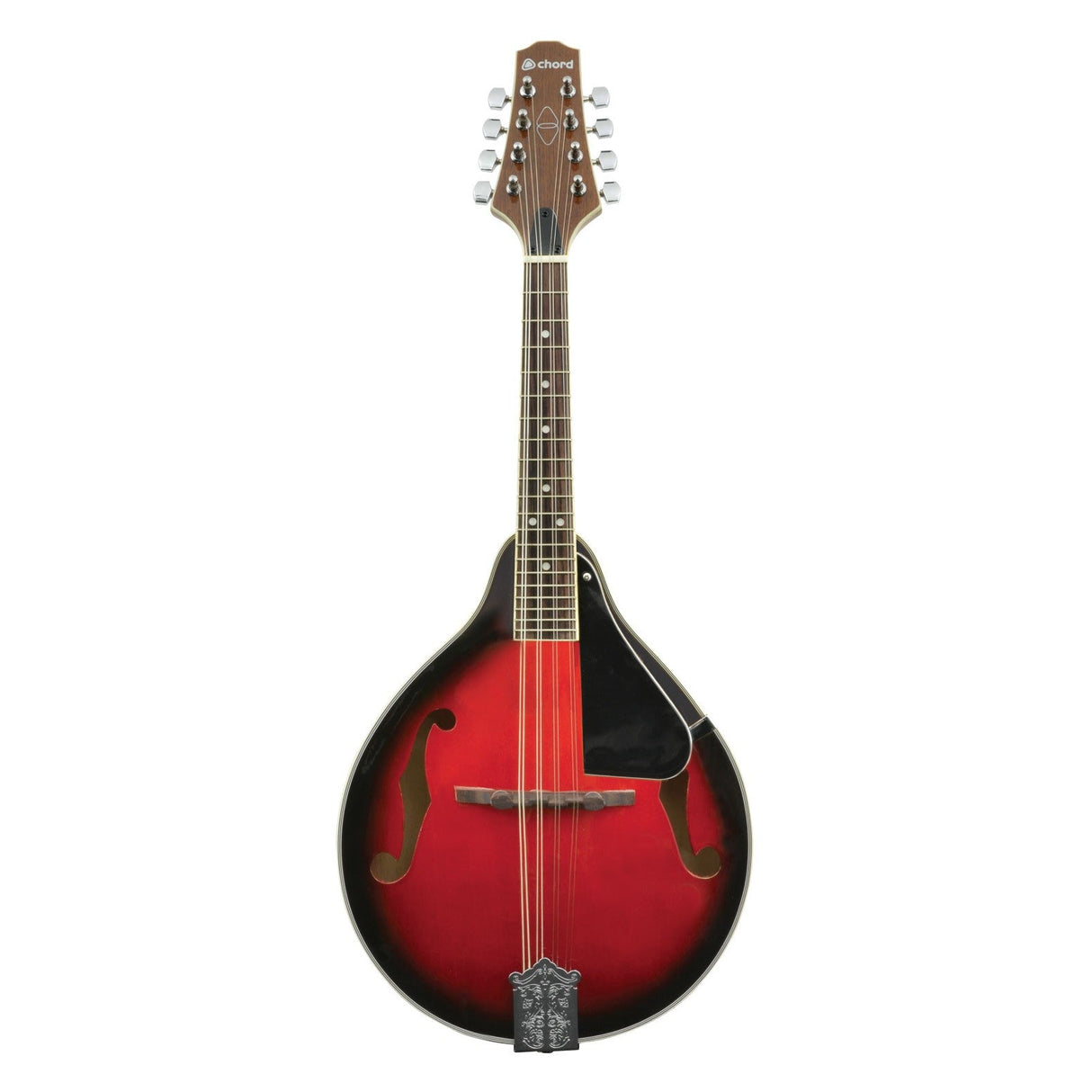 The Chord CTM28-RB Traditional Mandolin in a redburst finish showcases a teardrop shape with F-style sound holes and features a body made of linden. It includes eight tuning pegs and is equipped with a pickguard on the right side of the strings.