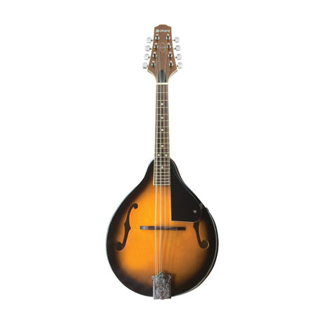 Chord CTM28-TSB traditional teardrop mandolin in tobacco sunburst gloss with eight strings, four-a-side open-gear tuners and floating bridge, on white.