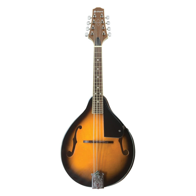 The Chord CTM28-TSB Traditional Mandolin in Tobacco Sunburst finish showcases F-holes and eight open-geared tuning pegs, complemented by an adjustable bridge. Its dark brown edge elegantly transitions into a warm orange center.