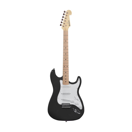 Chord CAL63M-BK single coil electric guitar in black with white pickguard, maple neck and chrome vibrato bridge on a plain white background.