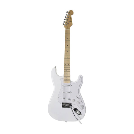 Chord CAL63M Arctic White electric guitar with maple neck, three single coil pickups, chrome vibrato bridge and 5-way selector on a white background.