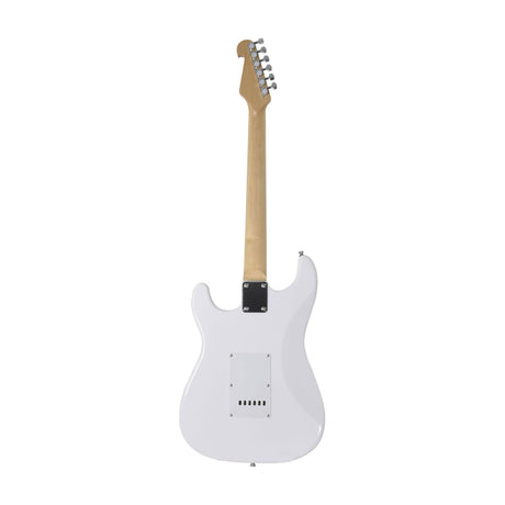 Rear view of the Chord CAL63M Arctic White electric guitar showing the white basswood body, maple bolt-on neck and six-a-side chrome tuners.