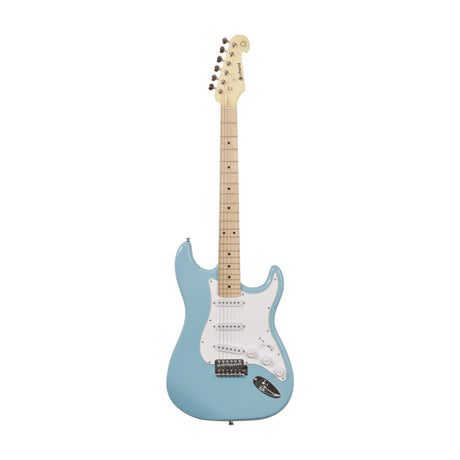 Chord CAL63M Surf Blue electric guitar with white pickguard, three single coil pickups, maple neck and fingerboard, and chrome vibrato bridge on white.