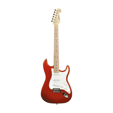 Chord CAL63M metallic red electric guitar with contoured basswood body, white pickguard, three single coil pickups, maple neck and chrome hardware.