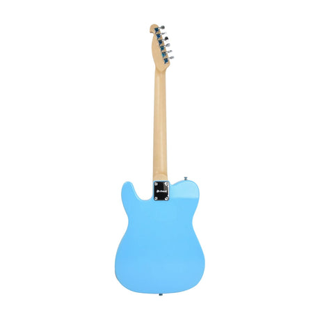 Rear view of the Chord CAL62M Surf Blue single-cutaway electric guitar with basswood slab body, maple neck, and 6-a-side chrome tuners on a white background.
