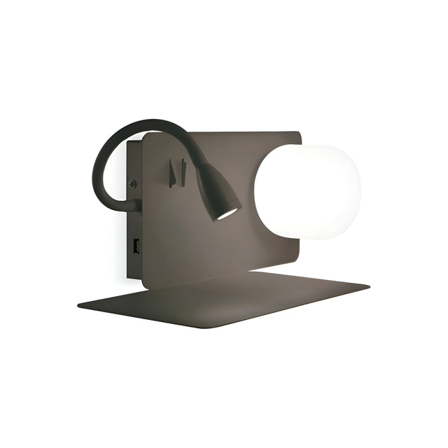 Introducing the Heritage-1 LED Wall Light - Black, a modern lighting fixture designed with a flexible reading arm and a spherical frosted glass bulb. It includes a built-in USB socket on its sleek, minimalist rectangular base with an elegant black finish, making it an ideal addition to contemporary interiors.