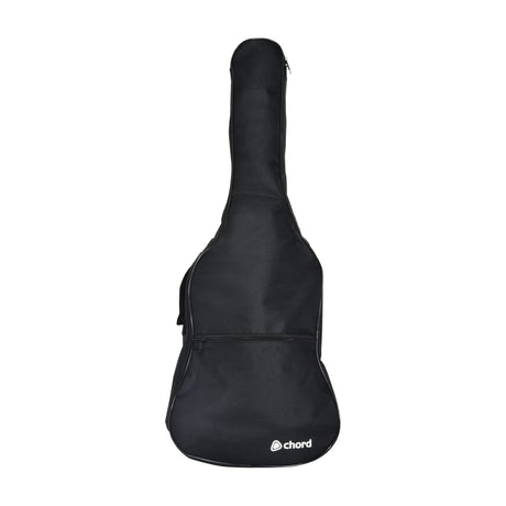Chord LGB-C12 lightweight 1/2 size classical guitar gig bag in matt black with zipped front pocket and piped edging, shown on a plain white background.