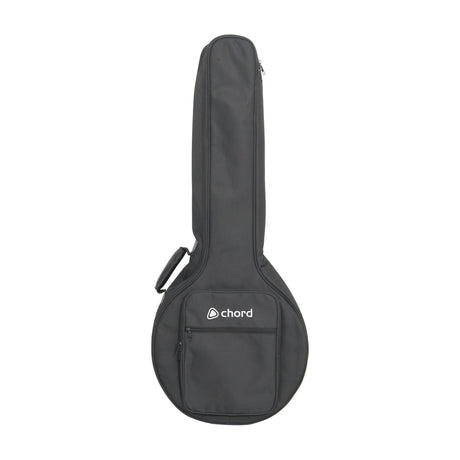 Chord GB-BAN2 padded black nylon gig bag for 4/5/6 string banjo with front accessory pocket, carry handle and full-length zip on a white background.