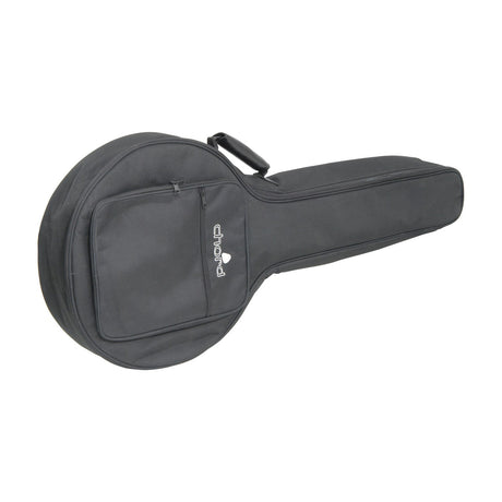 Chord GB-BAN2 padded black nylon gig bag for 4, 5 and 6 string banjo with zip closure, front accessory pocket and carry handle on a white background.