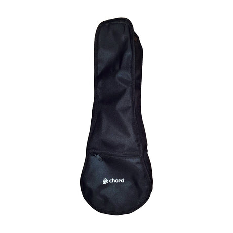 Chord UBP-21BK padded soprano ukulele gig bag in black with full-length zip, front zipped pocket and white logo, shown on a plain background.