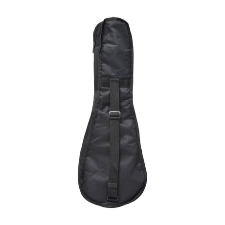 Back view of the Chord UBP-24BK padded concert ukulele gig bag in black, showing the adjustable shoulder strap and full-length zip, on a white background.