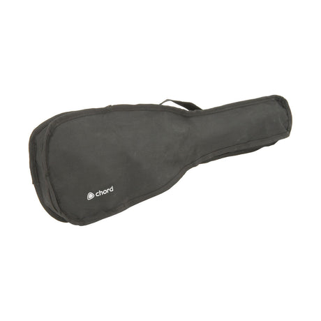 Chord UB21-BK soprano ukulele gig bag in black with soft-sided shape, zip fastener, top carry handle and white logo, on a plain background.