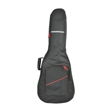 Chord GB-WB1 padded western acoustic guitar gig bag in black with red zip pulls, front accessory pocket and reflective strip, shown on a white background.